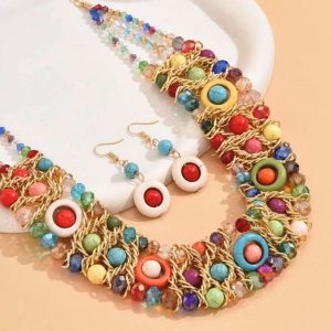 نیم ست گردنبند و گوشواره چوب و کریستال